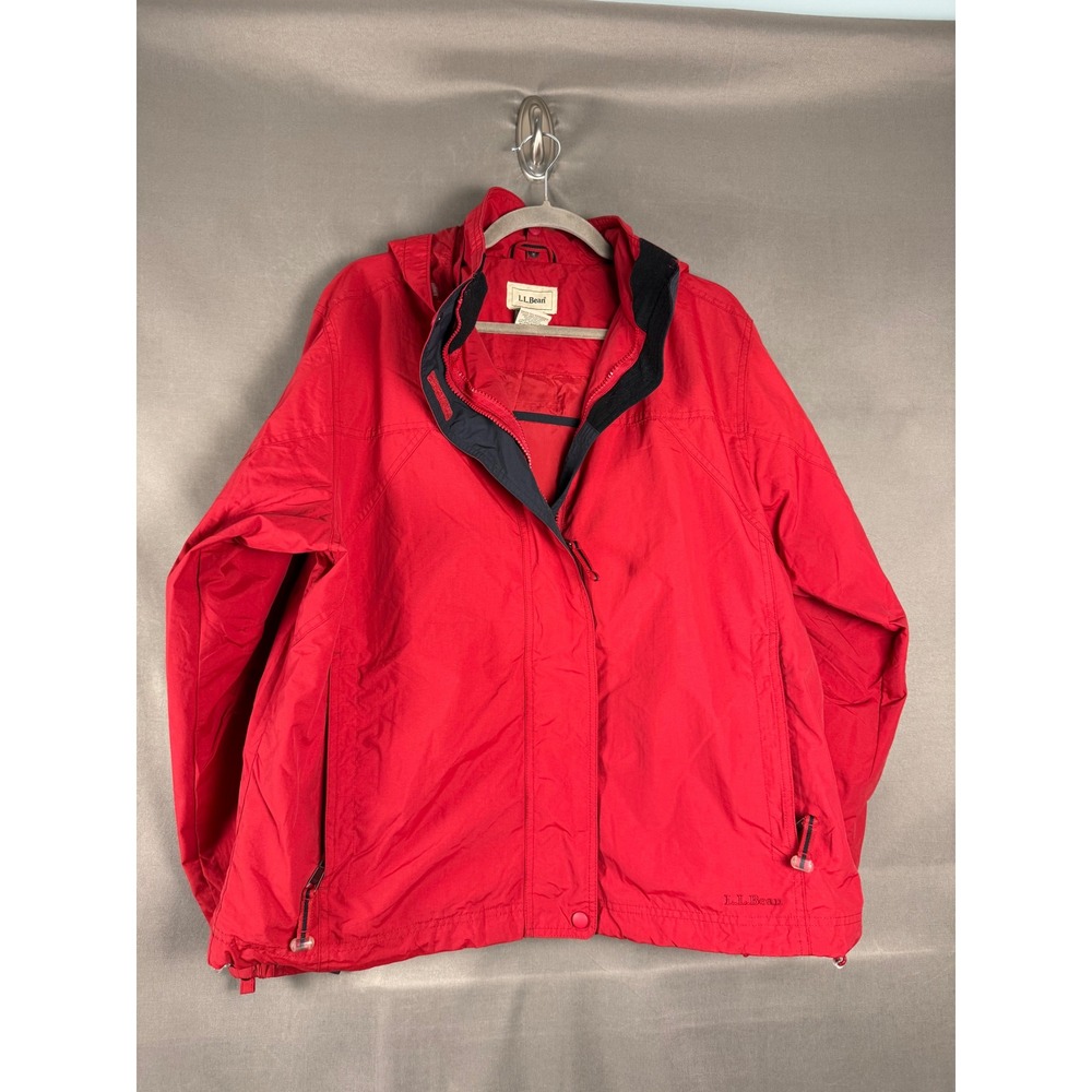 LL Bean Rain Jacket Women Large Red Hooded Nylon Full Zip Windbreaker OYW88